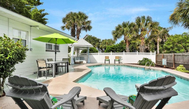 Beach house & backyard oasis with private pool - short walk to beach